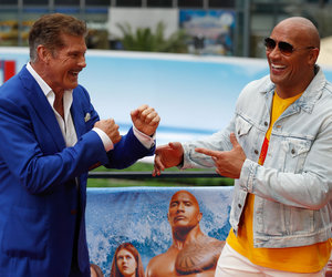 Hasselhoff and Johnson Are Ready to Battle It Out at 'Baywatch' Photocall